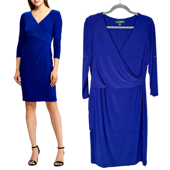 Ralph Lauren 12 Wrap Jersey Dress $138 Stretchy Long Sleeve Knee Length Blue EUC